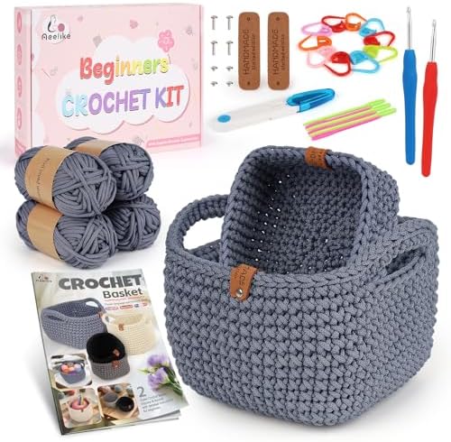 27PCS Crochet Basket Kit for Beginners,Grey Square Basket,Gift Box Package by Aeelikescrochetworld