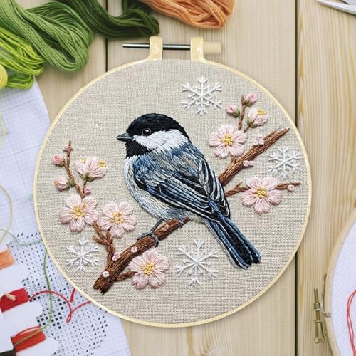 FRANDEK DIY Cherry Blossom Bird Stamped Embroidery Kit with Hoop for Adults - Image 3