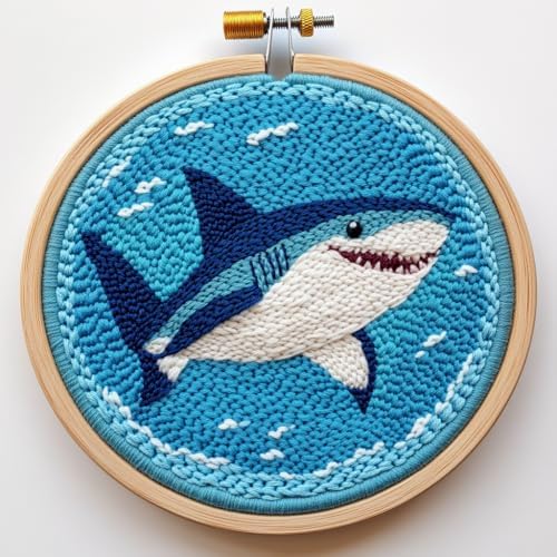 DIY Punch Needle Kits Sea Shark with Hoop 20x20cm-1 by Unknown