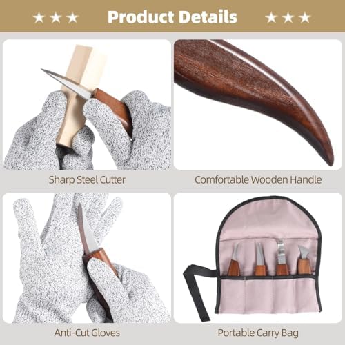 30-Piece Woodworking Tool Kit with Gloves, Sharpeners, Wax, Wooden Blocks, and Detail Knives for Carving & Crafting - Image 5