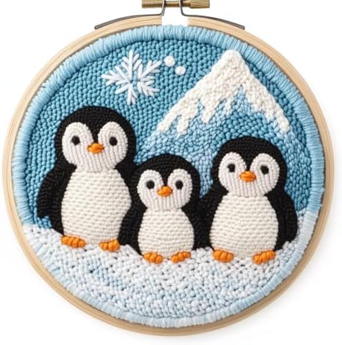DIY Punch Needle Kits Penguins Family Snow Mountain with Hoop 20x20cm-3 by Unknown