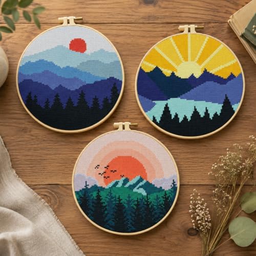 3 Pack Landscape Stamped Cross Stitch Kits for Beginners,with Hoop 8x8in - Image 2