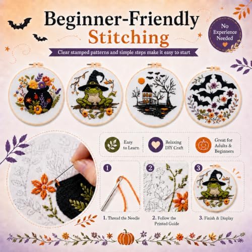vadeny Halloween Embroidery Cross Stitch Kit for Beginners Adults Gothic Needlepoint DIY Craft Frog Haunted House Cauldron Bat Pattern 4 Set Sewing Hanging Decor with Needles Threads - Image 6