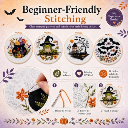 vadeny Halloween Embroidery Cross Stitch Kit for Beginners Adults Gothic Needlepoint DIY Craft Frog Haunted House Cauldron Bat Pattern 4 Set Sewing Hanging Decor with Needles Threads - Image 6