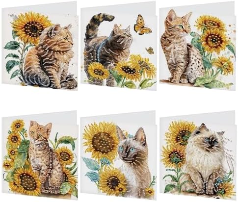 AiYuanzsh 6-Pack 5D Diamond Painting Greeting Cards with Envelopes, Cat Sunflower Pattern DIY Crystal Rhinestone Diamond Art Cards, Laser Effect Postcards for Birthday, Thank You, and Gift Giving by AiYuanzsh