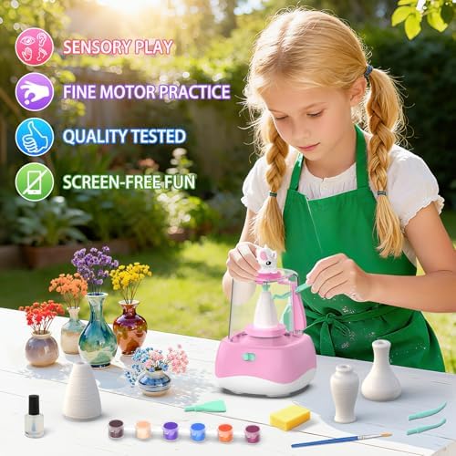 Mini Pottery Wheel for Kids - Pottery Painting Craft Kit with 2.3in Turntable, Clay, Flowers, Mess Free Arts and Crafts for Kid Ages 8-12, Birthday Christmas Gift Toy for Girls Ages 6-12+, Pink - Image 5