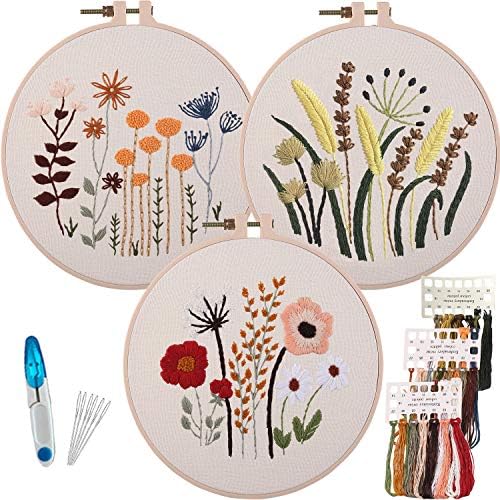 3 Sets of Beginner Embroidery Kits with 3 Patterns and 6 Needles, Needlepoint Kits for Adults,Including Embroidery Floss,3 Plastic Hoops and 3 Cotton Fabric by Myfelicityembroiderykit
