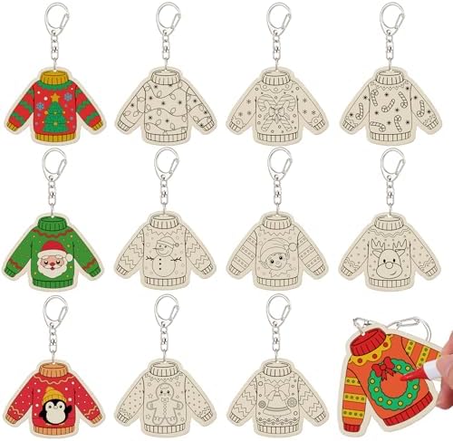 Trnayi 36 Pcs Christmas Ugly Sweater Wood Keychain DIY Craft by Trnayi