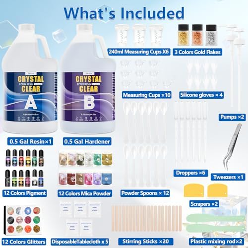 Epoxy Resin 1 Gal-Transparent Epoxy Resin Kit,Include 12 Pigments,Mica Powder and Glitter,-Clear,Low Odor,Bubble Free,Suitable for Jewelry Making,Handicrafts,Table Tops and Resin Molds (0.5gal*2) - Image 6