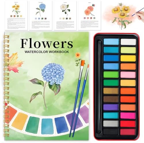 Watercolor Workbook - Coloring Book Beginner Friendly Painting Kit, Watercolor Workbooks for Adults with 24 Colors Paint, Exploration Gift for Adults Teens (Flowers) by Cbcmpica