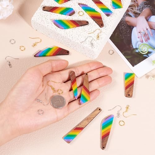 Elecrelive 7 Pairs Rainbow Wooden Dangle Earrings Kit Stripe Wood Charms with Earring Hooks Triangle Teardrop Wood Earring Pendants Resin Wood Charms for Jewelry Craft Making - Image 7