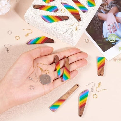 Elecrelive 7 Pairs Rainbow Wooden Dangle Earrings Kit Stripe Wood Charms with Earring Hooks Triangle Teardrop Wood Earring Pendants Resin Wood Charms for Jewelry Craft Making - Image 7