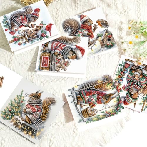 jinglinhh 6pcs Christmas Squirrel Cardinal Bird Diamond Art Painting Greeting Cards with Envelopes, DIY Card Making Kits for Adults, Diamond Art Postcards Holiday Cards Craft Gifts - Image 6