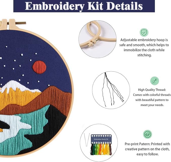 GLTAYLMY 3 Set Landscape Embroidery Kits for Beginners with Mountain Sun Moon Pattern,Adults Starter Cross Stitch Kit DIY Needlepoint Kits - Image 4