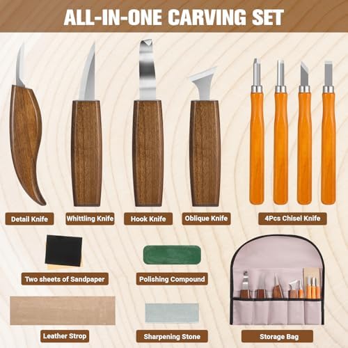 KINGBRO 20 PCS Wood Carving Kit for Beginners, Whittling Kit for Beginner and Kids, Wood Carving Tools with Safety Protection. 8 pcs Whittling Knife Wood Carving Set with 2 pcs Custom Sticker - Image 2