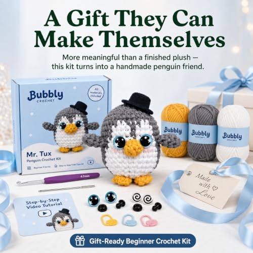 Bubbly Crochet Mr. Tux the Penguin Crochet Kit for Beginners – DIY Penguin Plush with Customizable Eyes & Hat, Step-by-Step Video Tutorials & All-in-One Tools – Amigurumi Craft Kit and Easy Arts - Image 4