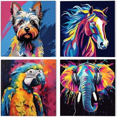 GHHKUD 4 Pack Colorful Animals Paint by Numbers Kits for Adults with Frame Canvas, Cat Horse Painting by Numbers for Adults Kids Ages 8-12, DIY Art Painting Gifts Home Wall Decor 8x8in by GHHKUD