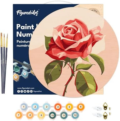 Figured'Art Paint by Numbers Kit for Adults on Wood Slice, 11.8in Diameter - Red Rose - Craft Art Painting DIY Canvas - Image 7