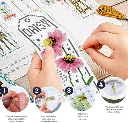 ACRNIGHEET 6PCS Cross Stitch Bookmark Kits for Beginner Flower Crossstitch Kits Adult Rose Daisy Lily Stamped Embroidery Bookmarks with Accessories for Adults Craft Gift 11CT - Image 4