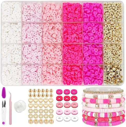MIIIM Pink Clay Bead Bracelet Kit, Heishi Beads, Flat Clay Beads and Gold Spacer Beads for Jewelry Making, Friendship Bracelet Beads Kit for Crafts, Concert, Raves, Gifts by MIIIM