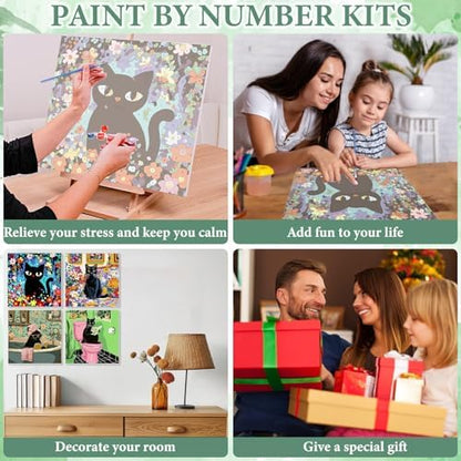 NAIMOER 4 Pack Black Cat Paint by Numbers Kits for Adults Beginner with Wooden Framed, Color by Numbers on Canvas Painting Kits for Adults, Easy Paint DIY Acrylic for Home Wall Decor 8X8 Inch - Image 6