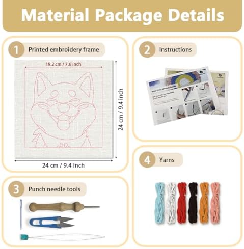 Doodlream Happy Shiba Inu Needle Kit for Beginner, 9.4"x 9.4" Cute Dog Punch Stitching Craft Set, DIY Embroidery Starter with Printed Frame, Instruction, Threader, Yarn, Pinch Needle - Image 2