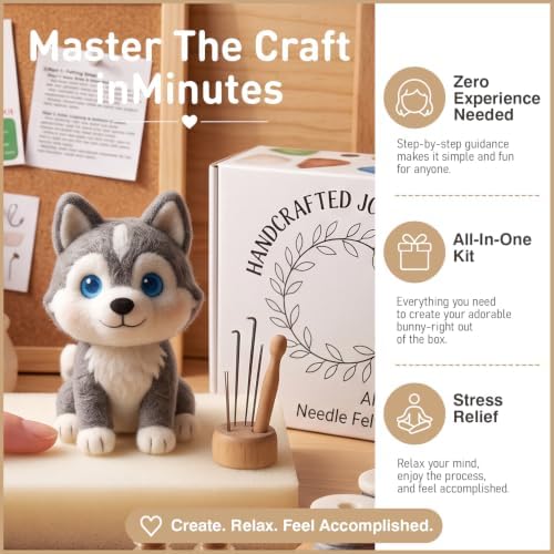 FACE N FACE DIY Needle Felting Kit Cute Husky Puppy – Needle Felting Starter Kit with Fiber Roving, Needles, Felting Pad & Instructions | Felted Animal Dog Kit for Beginners Adults | DIY Craft Gift - Image 3