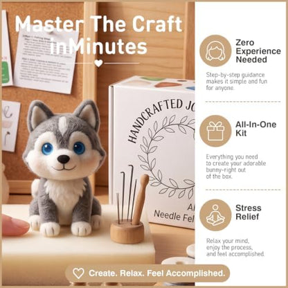 FACE N FACE DIY Needle Felting Kit Cute Husky Puppy – Needle Felting Starter Kit with Fiber Roving, Needles, Felting Pad & Instructions | Felted Animal Dog Kit for Beginners Adults | DIY Craft Gift - Image 3