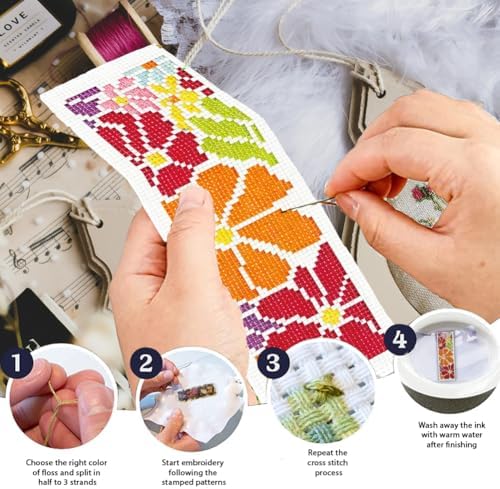 INFUNLY 6 Pcs Colorful Flower Cross Stitch Bookmark Kit with Tassels, Stamped Pre-Printed Floral Embroidery for Adults Beginners, DIY Tool Set with Floss Scissors Needles, Craft Gift for Book Lovers - Image 4