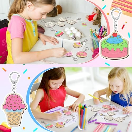 Trnayi 36 Pcs Dessert Unfinished Wood Keychain Color Your Own DIY Craft - Image 4