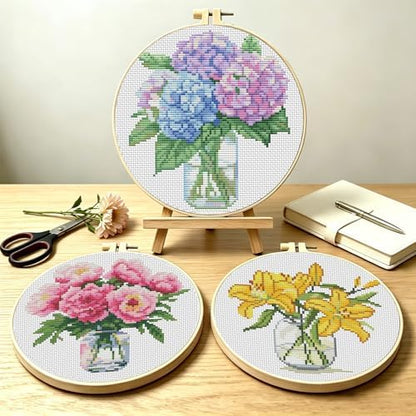TCDZMYGS 3 Pack Stamped Cross Stitch Kits for Beginners-Flower,with Hoop - Image 3
