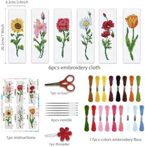 BEUNITONE 6 Pcs Flower Bookmark Cross Stitch Kits DIY Stamped Embroidery Bookmark Kit for Adults Beginner with Instructions Vivid Floral Cross Stitch Kits for DIY Crafts Book Lovers Gifts 2.4x8 in - Image 2