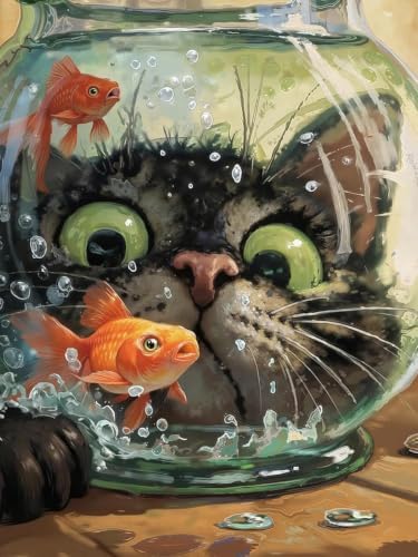Mosaflare Cat Fish Funny Stamped Cross Stitch Kits for Beginner 12x16 Inch by Mosaflare