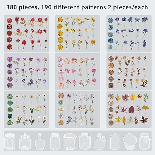 emmoolife Pressed Flower Stickers Set (380 PCS) Dried Flowers Themed Resin Sticker Decals Floral Botanical Journaling Stickers for Scrapbook Supplies Bullet Junk Journal Bottles Planner Laptops - Image 3