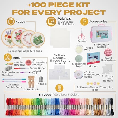 KEFF Craft Embroidery Kit for Beginners - 100 Embroidery Thread Colors, 4 Hoops, Scissors, Needles, Pins, Blank Fabrics & Tools – Cross Stitch Supplies, Cross Stitch Kits, Arts and Crafts for Adults - Image 2