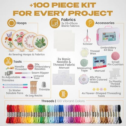 KEFF Craft Embroidery Kit for Beginners - 100 Embroidery Thread Colors, 4 Hoops, Scissors, Needles, Pins, Blank Fabrics & Tools – Cross Stitch Supplies, Cross Stitch Kits, Arts and Crafts for Adults - Image 2