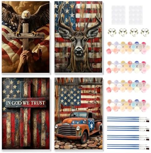 HEIBAGO 4 Pack Independence Day Framed Paint by Numbers Kit for Adults Beginner, DIY 4th of July Patriotic Adult Paint by Number Kits, Small Easy Acrylic Oil Painting for Wall Decor 8 x 12 Inch by HEIBAGO