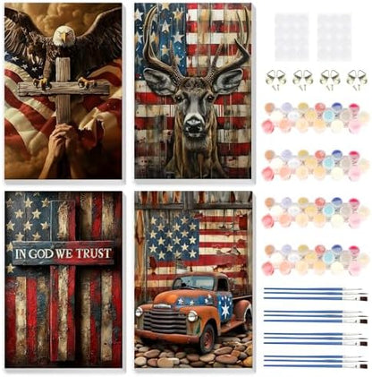 HEIBAGO 4 Pack Independence Day Framed Paint by Numbers Kit for Adults Beginner, DIY 4th of July Patriotic Adult Paint by Number Kits, Small Easy Acrylic Oil Painting for Wall Decor 8 x 12 Inch by HEIBAGO