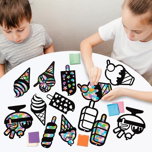 CJiangpo 24 Sets Summer Ice Cream Suncatcher Paper Craft Kits, DIY Stained Glass Effect Window Ornament Rainbow Tissue Paper Art Craft for Kids Classroom Activities Supplies Summer Party Decor Favor - Image 6