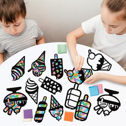 CJiangpo 24 Sets Summer Ice Cream Suncatcher Paper Craft Kits, DIY Stained Glass Effect Window Ornament Rainbow Tissue Paper Art Craft for Kids Classroom Activities Supplies Summer Party Decor Favor - Image 6