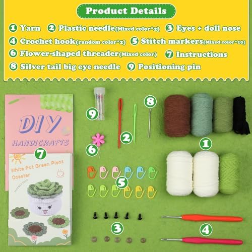 FTEVEN Crochet Kit for Beginners, 3PCS Coasters Potted Plants Crochet Kit - Image 2