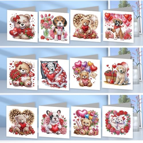 12Pcs DIY Diamond Art Greeting Cards Kit with Envelopes&Tools - Create Your Own Sparkling Birthday, Thank You, Holiday Cards for Adults & Beginners(Valentines Bear Dog) - Image 2