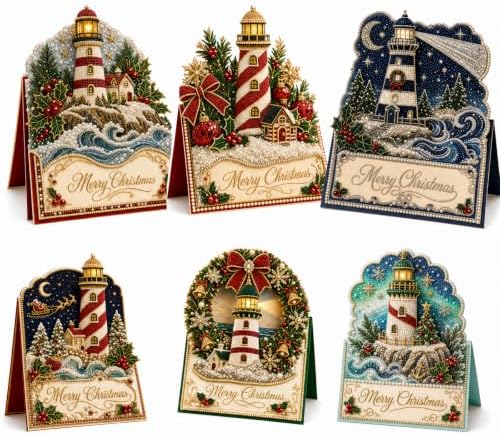 6 Pcs DIY Christmas Pearl Diamond Art Cards for Adults，Lighthouse - Image 2