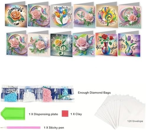 jinglinhh 12pcs Diamond Art Painting Romantic Rose Tulip Flower Bouquet Musical Notes Greeting Cards with Envelopes, DIY Card Making Kits for Adults, Diamond Art Postcards Christmas Cards Craft Gifts - Image 3