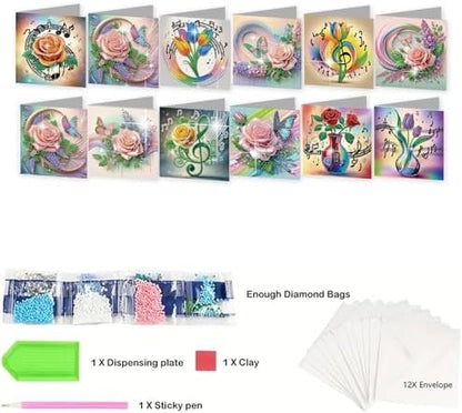 jinglinhh 12pcs Diamond Art Painting Romantic Rose Tulip Flower Bouquet Musical Notes Greeting Cards with Envelopes, DIY Card Making Kits for Adults, Diamond Art Postcards Christmas Cards Craft Gifts - Image 3