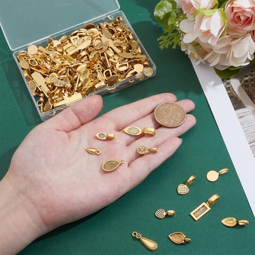 PH PandaHall 220pcs 12 Styles Golden Jewellery Bails Glue on Bails Pendant Bail Alloy Flat Pad Bail Tibetan Style Pendant Connectors for Earrings Necklace Jewellery Making 8~26mm - Image 3