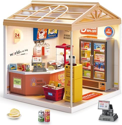 24-Hour Convenience Store DIY Miniature House Kit with Roof & LED Light, Stackable & Connectable Dollhouse Kit with Dustproof Doors, Creative DIY Crafts Building Toy Gift for Adults Teens by Unknown