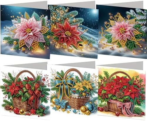jinglinhh 6pcs Christmas Poinsettia Flower Basket Diamond Art Painting Greeting Cards with Envelopes, DIY Card Making Kits for Adults, Diamond Art Postcards Christmas Cards Craft Gifts by Unknown