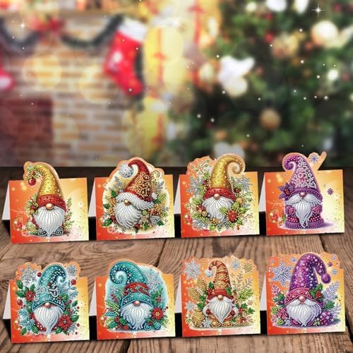 jinglinhh 8pcs Diamond Art Painting Christmas Gnome Greeting Cards with Envelopes, DIY Card Making Kits for Adults, Diamond Art Postcards Christmas Cards Craft Gifts - Image 5