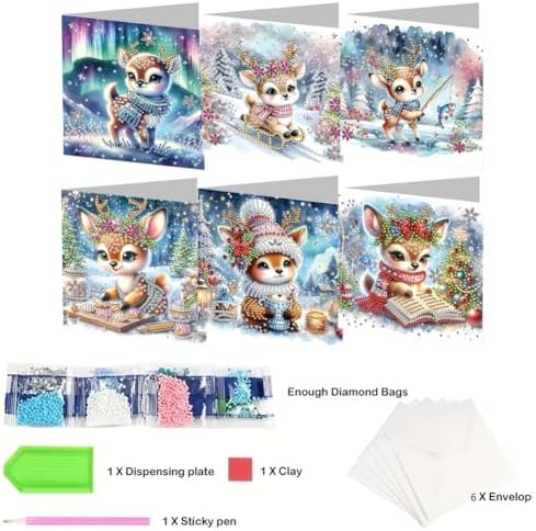 jinglinhh 6pcs Aurora Christmas Winter Elk Diamond Art Painting Greeting Cards with Envelopes, DIY Card Making Kits for Adults, Diamond Art Postcards Holiday Cards Craft Gifts - Image 3
